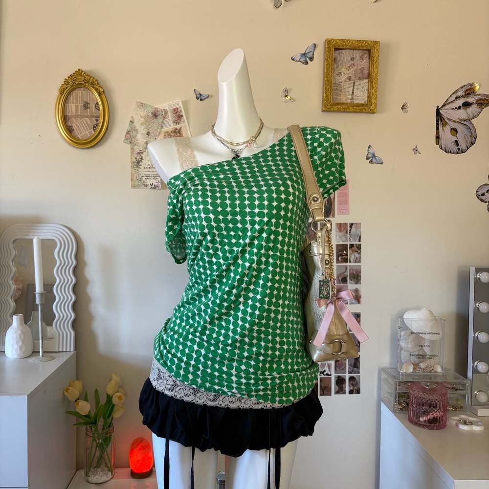Banana Republic Vintage Y2K Green Polka Dot Asymmetric Top Women Size Small One